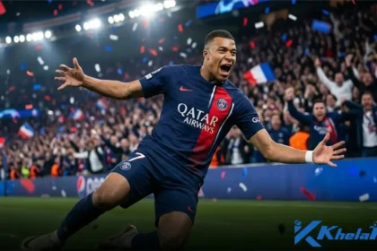 কিলিয়ান এমবাপ্পে গোল উদযাপন করছেন পিএসজি জার্সি পরে ভরা স্টেডিয়ামে, উজ্জ্বল ফ্লাডলাইট ও কনফেটির মাঝে অ্যাকশন মোমেন্ট কিলিয়ান এমবাপ্পে বিশ্বকাপে কত গোল করেছেন?