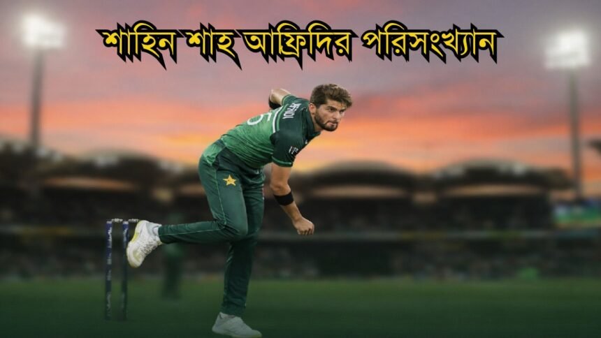 শাহিন শাহ আফ্রিদি পাকিস্তান দলের জার্সিতে বল করছেন, ব্যাকগ্রাউন্ডে সূর্যাস্তের স্টেডিয়াম দৃশ্য